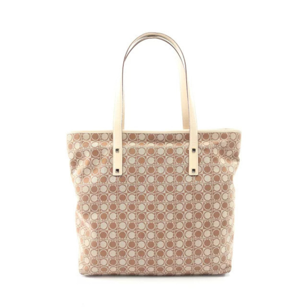 Salvatore Ferragamo Gancini Tote Bag Canvas Leather Beige Cream White